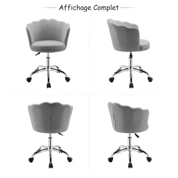 Fauteuil de Bureau à Roulettes Chaise de Coiffeuse - Velours - Hauteur Réglable H 74,5-84 CM - Forme de Pétale Gris
