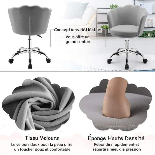 Fauteuil de Bureau à Roulettes Chaise de Coiffeuse - Velours - Hauteur Réglable H 74,5-84 CM - Forme de Pétale Gris