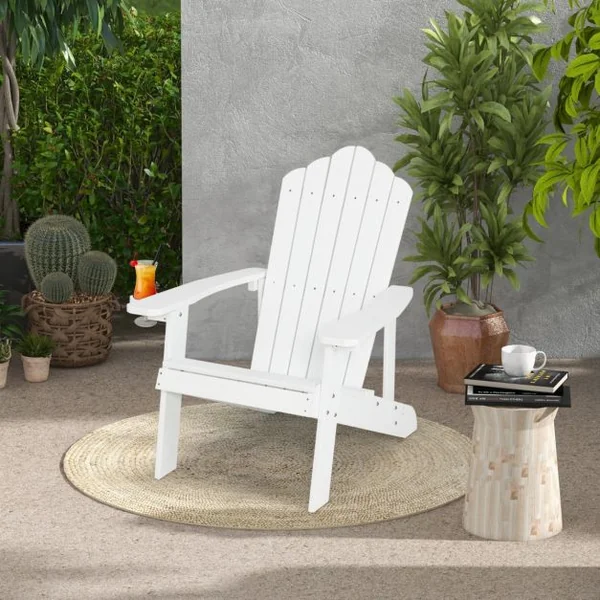 Fauteuil de Jardin Adirondack en HIPS Bois Massif Imperméable avec Porte-Gobelet Charge 170KG pour Piscine Terrasse Blanc