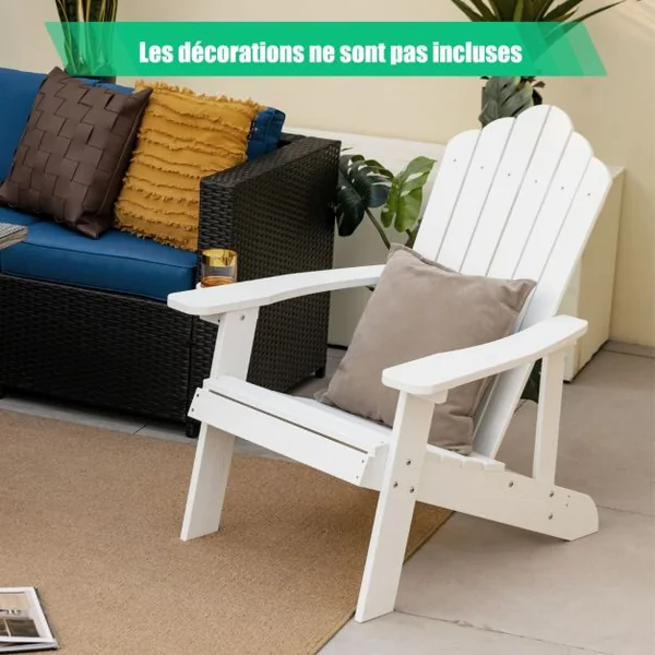 Fauteuil de Jardin Adirondack en HIPS Bois Massif Imperméable avec Porte-Gobelet Charge 170KG pour Piscine Terrasse Blanc