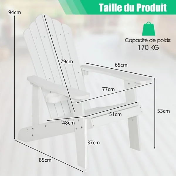 Fauteuil de Jardin Adirondack en HIPS Bois Massif Imperméable avec Porte-Gobelet Charge 170KG pour Piscine Terrasse Blanc