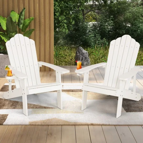 Fauteuil de Jardin Adirondack en HIPS Bois Massif Imperméable avec Porte-Gobelet Charge 170KG pour Piscine Terrasse Blanc