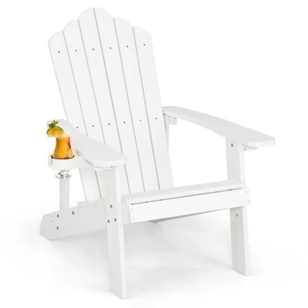 Fauteuil de Jardin Adirondack en HIPS Bois Massif Imperméable avec Porte-Gobelet Charge 170KG pour Piscine Terrasse Blanc