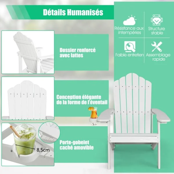Fauteuil de Jardin Adirondack en HIPS Bois Massif Imperméable avec Porte-Gobelet Charge 170KG pour Piscine Terrasse Blanc