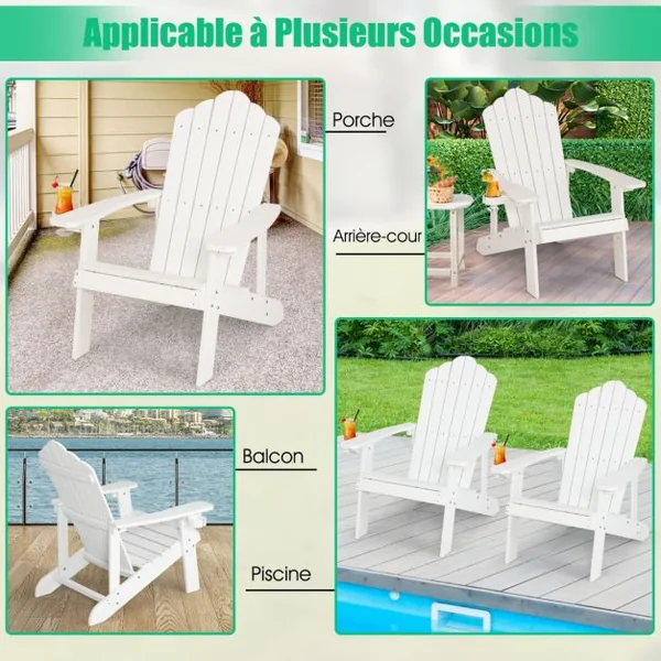 Fauteuil de Jardin Adirondack en HIPS Bois Massif Imperméable avec Porte-Gobelet Charge 170KG pour Piscine Terrasse Blanc