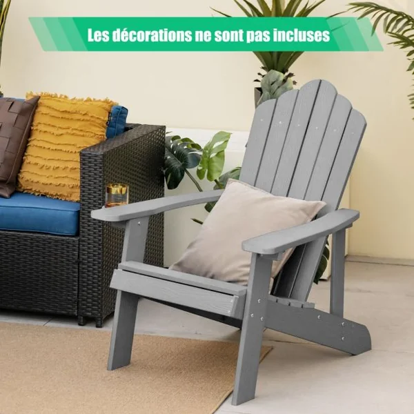 Fauteuil de Jardin Adirondack en HIPS Bois Massif Imperméable avec Porte-Gobelet Charge 170KG pour Piscine Terrasse Gris