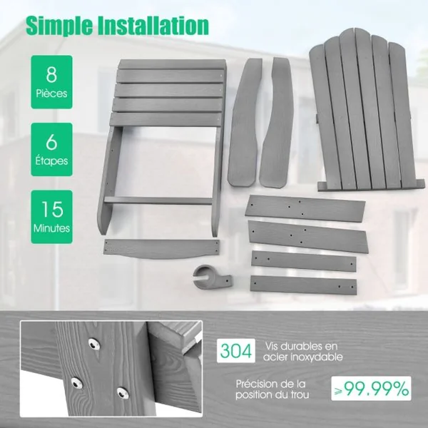 Fauteuil de Jardin Adirondack en HIPS Bois Massif Imperméable avec Porte-Gobelet Charge 170KG pour Piscine Terrasse Gris