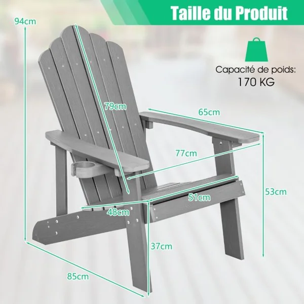 Fauteuil de Jardin Adirondack en HIPS Bois Massif Imperméable avec Porte-Gobelet Charge 170KG pour Piscine Terrasse Gris