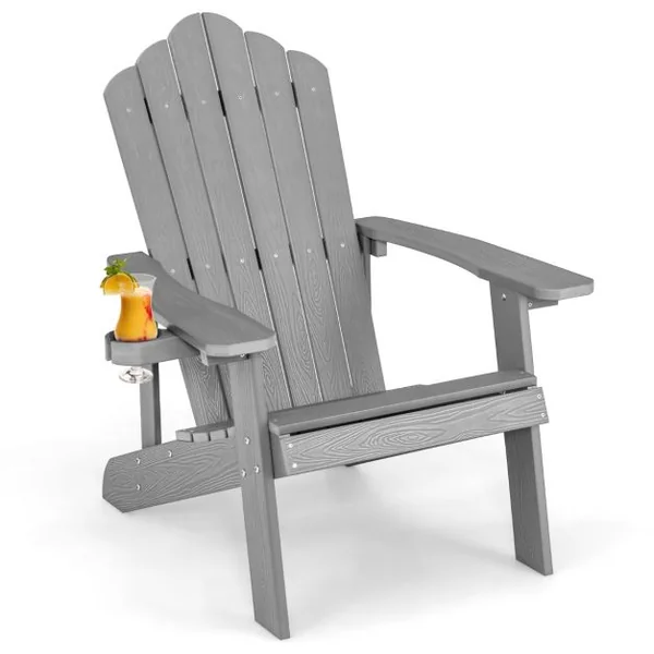 Fauteuil de Jardin Adirondack en HIPS Bois Massif Imperméable avec Porte-Gobelet Charge 170KG pour Piscine Terrasse Gris