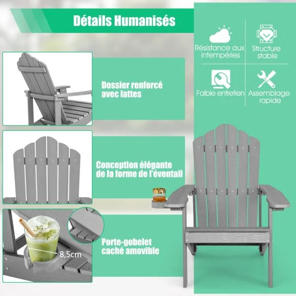 Fauteuil de Jardin Adirondack en HIPS Bois Massif Imperméable avec Porte-Gobelet Charge 170KG pour Piscine Terrasse Gris