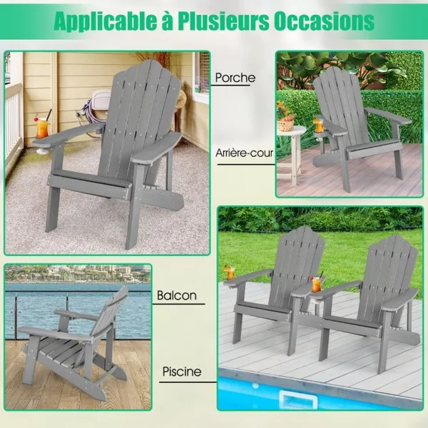 Fauteuil de Jardin Adirondack en HIPS Bois Massif Imperméable avec Porte-Gobelet Charge 170KG pour Piscine Terrasse Gris