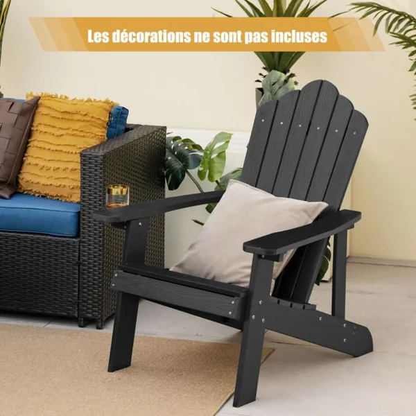 Fauteuil de Jardin Adirondack en HIPS Bois Massif Imperméable avec Porte-Gobelet Charge 170KG pour Piscine Terrasse Noir