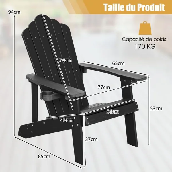 Fauteuil de Jardin Adirondack en HIPS Bois Massif Imperméable avec Porte-Gobelet Charge 170KG pour Piscine Terrasse Noir