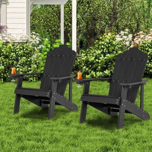 Fauteuil de Jardin Adirondack en HIPS Bois Massif Imperméable avec Porte-Gobelet Charge 170KG pour Piscine Terrasse Noir
