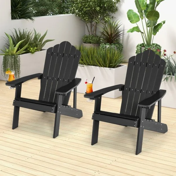 Fauteuil de Jardin Adirondack en HIPS Bois Massif Imperméable avec Porte-Gobelet Charge 170KG pour Piscine Terrasse Noir
