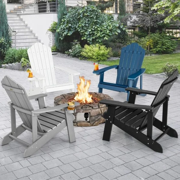 Fauteuil de Jardin Adirondack en HIPS Bois Massif Imperméable avec Porte-Gobelet Charge 170KG pour Piscine Terrasse Noir