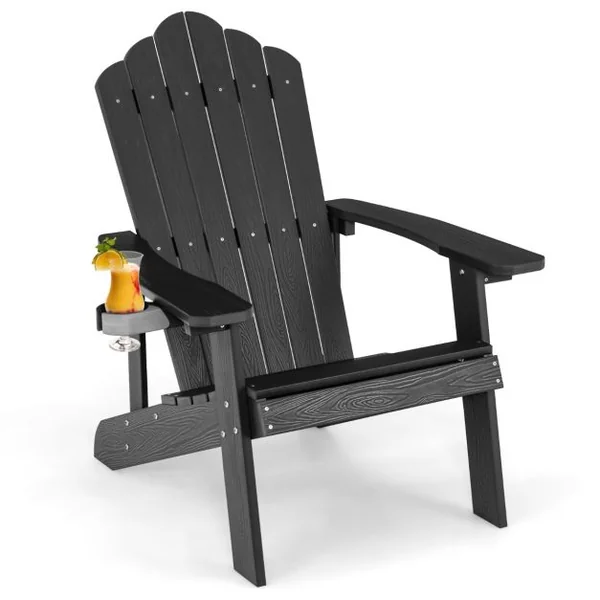 Fauteuil de Jardin Adirondack en HIPS Bois Massif Imperméable avec Porte-Gobelet Charge 170KG pour Piscine Terrasse Noir