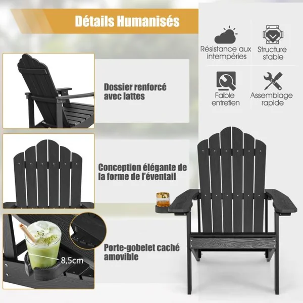 Fauteuil de Jardin Adirondack en HIPS Bois Massif Imperméable avec Porte-Gobelet Charge 170KG pour Piscine Terrasse Noir