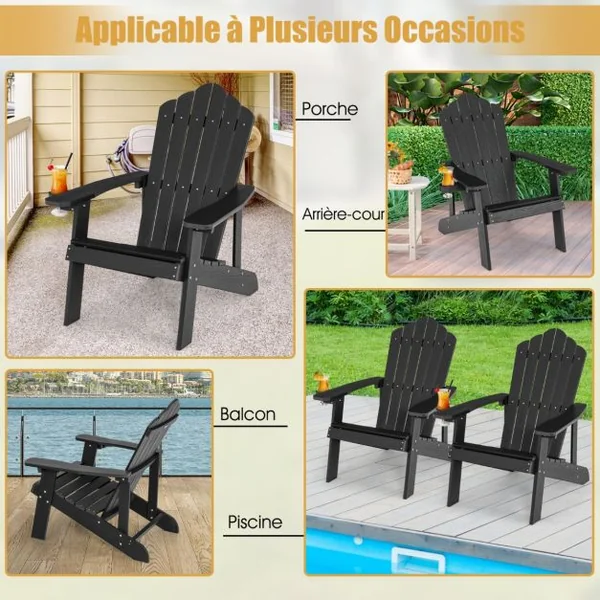 Fauteuil de Jardin Adirondack en HIPS Bois Massif Imperméable avec Porte-Gobelet Charge 170KG pour Piscine Terrasse Noir