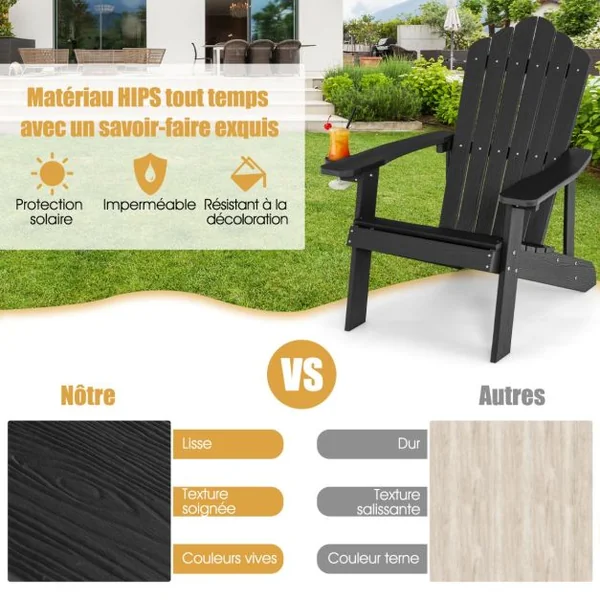 Fauteuil de Jardin Adirondack en HIPS Bois Massif Imperméable avec Porte-Gobelet Charge 170KG pour Piscine Terrasse Noir