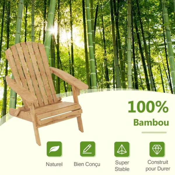 Fauteuil de Jardin Adirondack Pliante en Bambou Charge 150 kg Chaise d'Extérieur avec Dossier haut et Accoudoirs 70x93x80 CM
