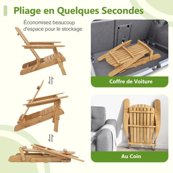 Fauteuil de Jardin Adirondack Pliante en Bambou Charge 150 kg Chaise d'Extérieur avec Dossier haut et Accoudoirs 70x93x80 CM