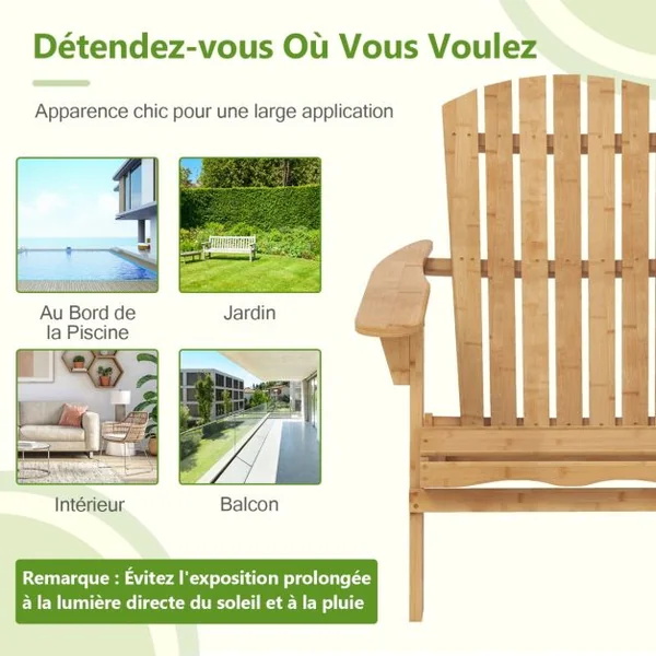 Fauteuil de Jardin Adirondack Pliante en Bambou Charge 150 kg Chaise d'Extérieur avec Dossier haut et Accoudoirs 70x93x80 CM
