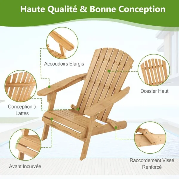 Fauteuil de Jardin Adirondack Pliante en Bambou Charge 150 kg Chaise d'Extérieur avec Dossier haut et Accoudoirs 70x93x80 CM