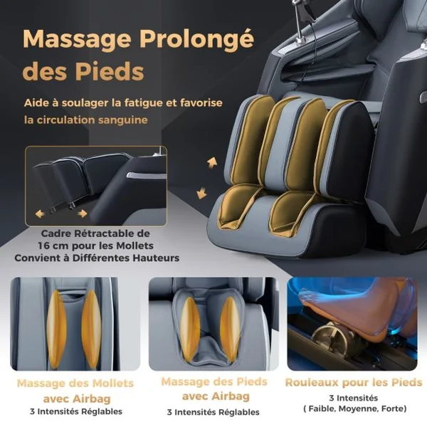 Fauteuil de Massage Électrique Inclinable Rail SL avec 12 Modes Automatiques 5 Techniques de Massage Chauffage et Rouleaux de Pied Blanc/Noir