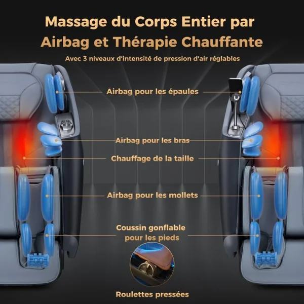 Fauteuil de Massage Électrique Inclinable Rail SL avec 12 Modes Automatiques 5 Techniques de Massage Chauffage et Rouleaux de Pied Blanc/Noir
