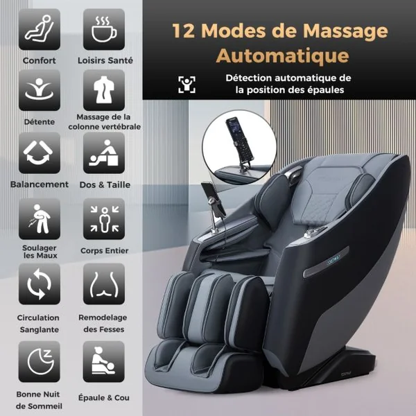 Fauteuil de Massage Électrique Inclinable Rail SL avec 12 Modes Automatiques 5 Techniques de Massage Chauffage et Rouleaux de Pied Blanc/Noir