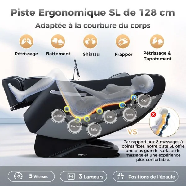 Fauteuil de Massage Électrique Inclinable Rail SL avec 12 Modes Automatiques 5 Techniques de Massage Chauffage et Rouleaux de Pied Blanc/Noir