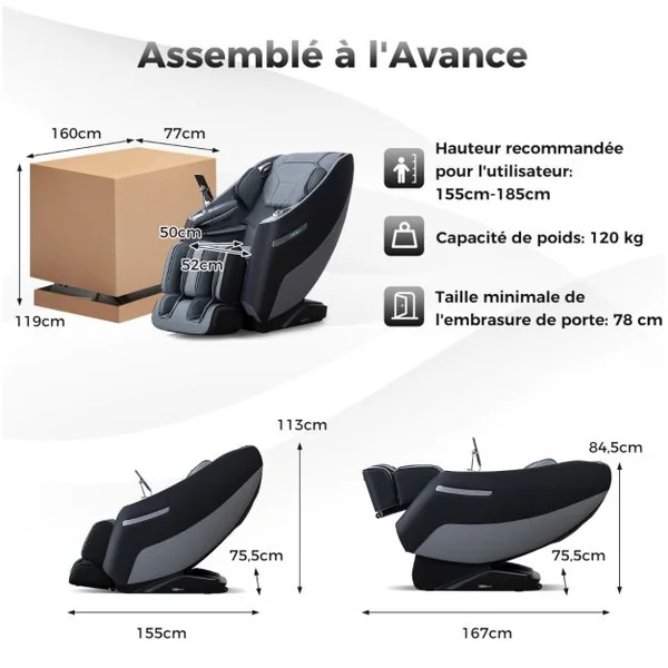Fauteuil de Massage Électrique Inclinable Rail SL avec 12 Modes Automatiques 5 Techniques de Massage Chauffage et Rouleaux de Pied Blanc/Noir