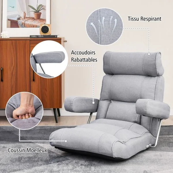 Fauteuil de Sol Pliable et Réglable avec Dossier Réglable en Continu Appui-tête à 6 Positions Support Lombaire Siège Allongé Gris/Bleu