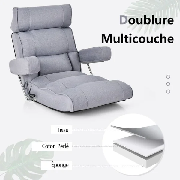 Fauteuil de Sol Pliable et Réglable avec Dossier Réglable en Continu Appui-tête à 6 Positions Support Lombaire Siège Allongé Gris/Bleu
