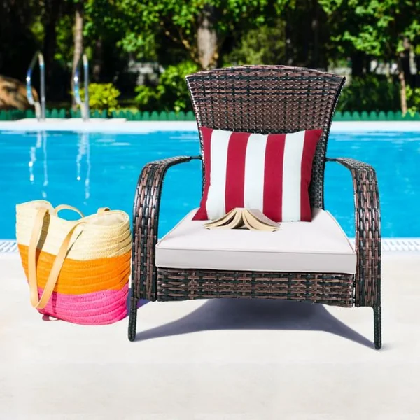 Fauteuil de Terrasse Bas en Rotin Chaise de Jardin Basse en Rotin Tressé avec Coussin d’Assise, 79x79x82cm, Marron