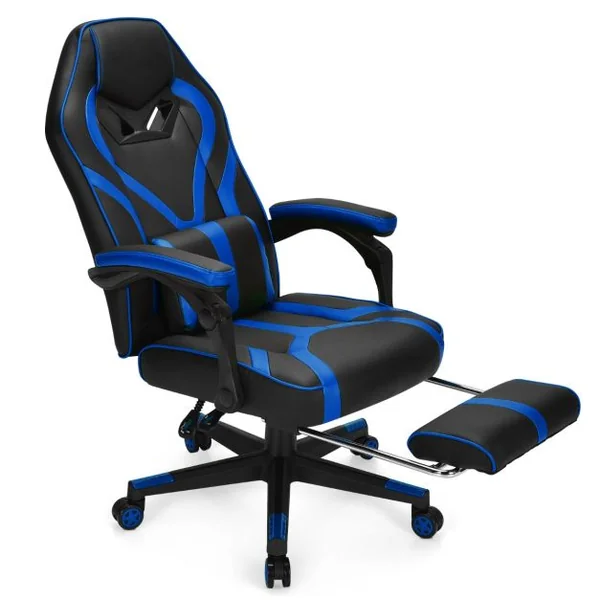 Fauteuil Gamer Incliable Pivotante Repose-pieds Coussin Lombaire Accoudoir - Similicuir - Hauteur et Dossier Réglable Bleu