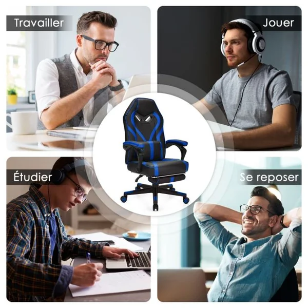 Fauteuil Gamer Incliable Pivotante Repose-pieds Coussin Lombaire Accoudoir - Similicuir - Hauteur et Dossier Réglable Bleu