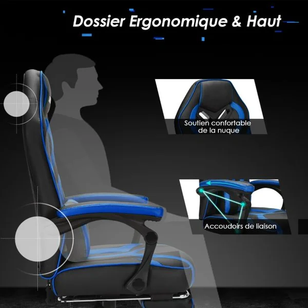 Fauteuil Gamer Incliable Pivotante Repose-pieds Coussin Lombaire Accoudoir - Similicuir - Hauteur et Dossier Réglable Bleu