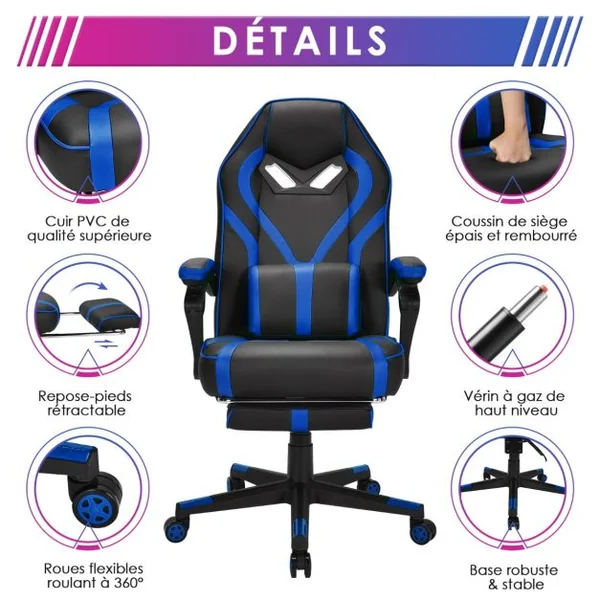Fauteuil Gamer Incliable Pivotante Repose-pieds Coussin Lombaire Accoudoir - Similicuir - Hauteur et Dossier Réglable Bleu
