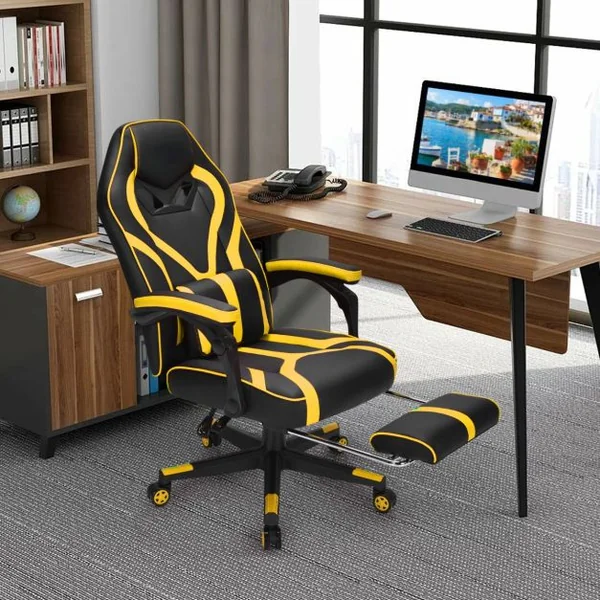 Fauteuil Gamer Incliable Pivotante Repose-pieds Coussin Lombaire Accoudoir - Similicuir - Hauteur et Dossier Réglable Jaune