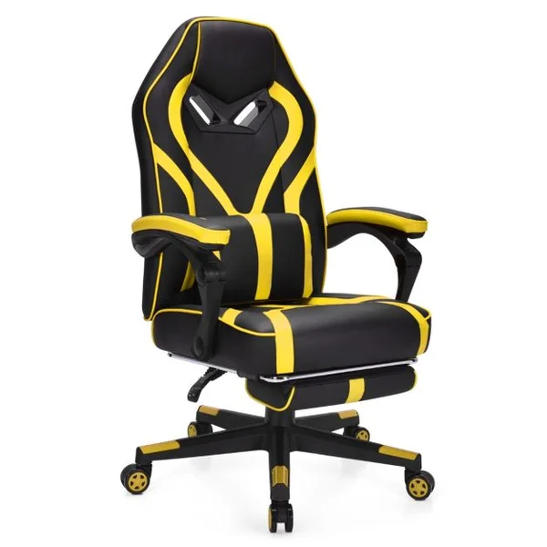 Fauteuil Gamer Incliable Pivotante Repose-pieds Coussin Lombaire Accoudoir - Similicuir - Hauteur et Dossier Réglable Jaune