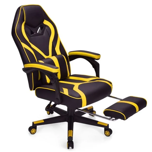 Fauteuil Gamer Incliable Pivotante Repose-pieds Coussin Lombaire Accoudoir - Similicuir - Hauteur et Dossier Réglable Jaune