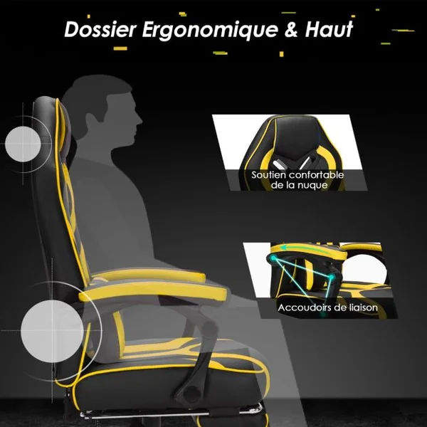 Fauteuil Gamer Incliable Pivotante Repose-pieds Coussin Lombaire Accoudoir - Similicuir - Hauteur et Dossier Réglable Jaune
