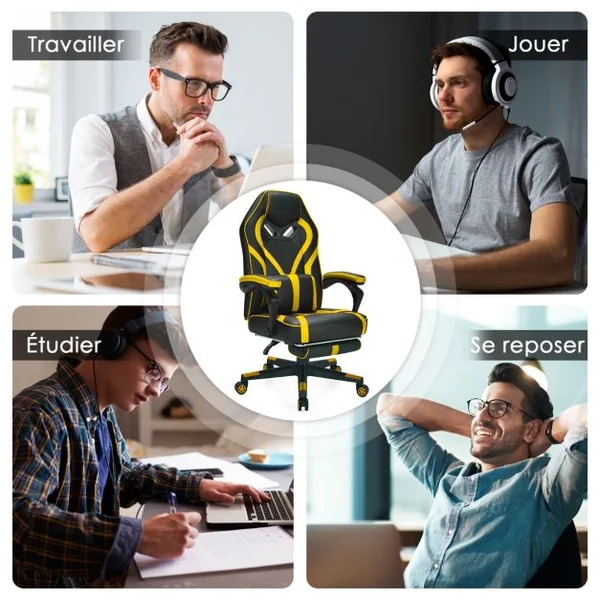 Fauteuil Gamer Incliable Pivotante Repose-pieds Coussin Lombaire Accoudoir - Similicuir - Hauteur et Dossier Réglable Jaune