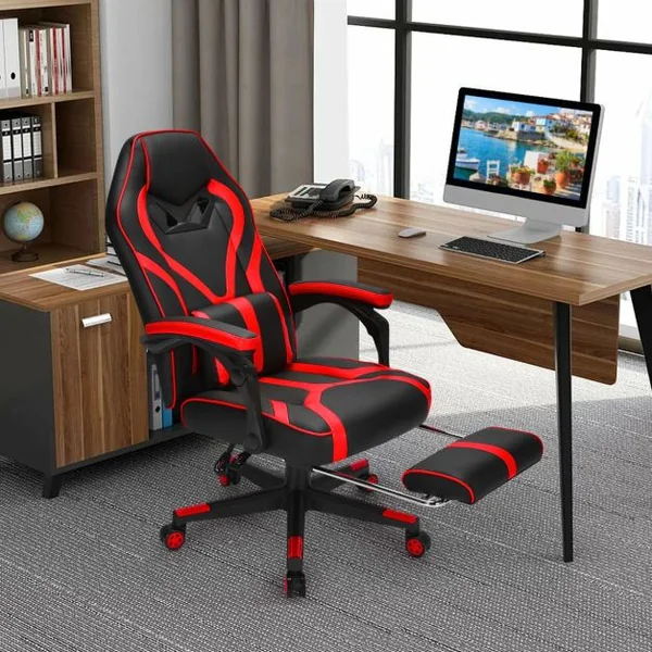Fauteuil Gamer Incliable Pivotante Repose-pieds Coussin Lombaire Accoudoir - Similicuir - Hauteur et Dossier Réglable Rouge