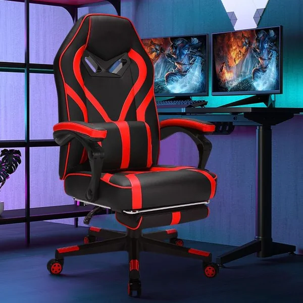 Fauteuil Gamer Incliable Pivotante Repose-pieds Coussin Lombaire Accoudoir - Similicuir - Hauteur et Dossier Réglable Rouge