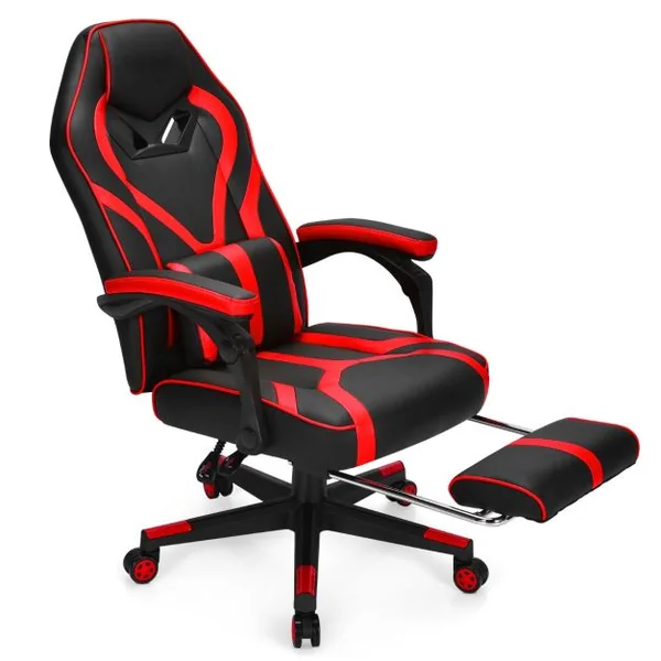 Fauteuil Gamer Incliable Pivotante Repose-pieds Coussin Lombaire Accoudoir - Similicuir - Hauteur et Dossier Réglable Rouge