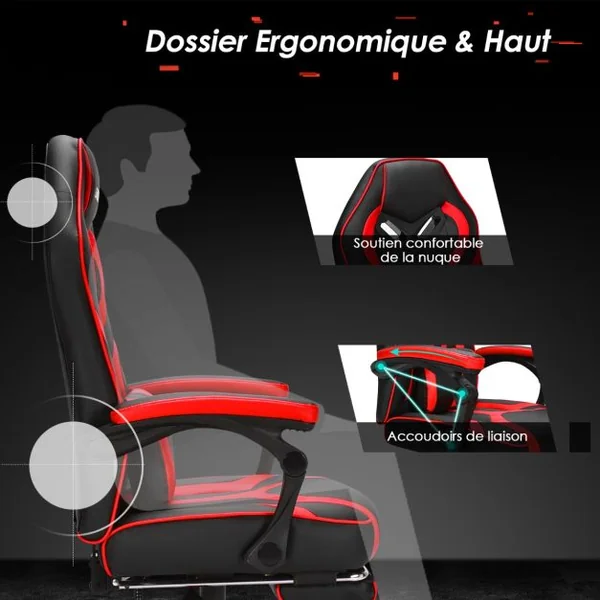 Fauteuil Gamer Incliable Pivotante Repose-pieds Coussin Lombaire Accoudoir - Similicuir - Hauteur et Dossier Réglable Rouge
