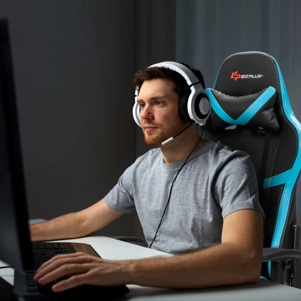 Fauteuil Gamer Inclinable en Similicuir Repose Pieds Coussin Lombaire Appui-tête, Accoudoir Pivotante Ergonomique Bleu